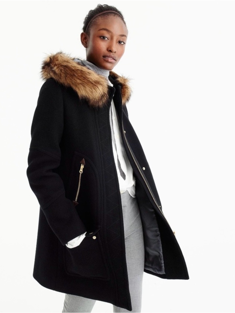 J. Crew Black Hooded Wool-Blend Pea Coat with Gold-Tone Zippers Women’s Size 0